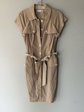 To the Max Taupe Button-Front Shirt Midi Dress with Tie Belt